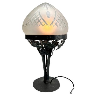 Art Nouveau Table Lamp in Wrought Iron with Glass Shade in the style of Val Saint Lambert, 1930s-MJY-1769407