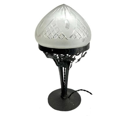 Art Nouveau Table Lamp in Wrought Iron with Glass Shade in the style of Val Saint Lambert, 1930s-MJY-1769407