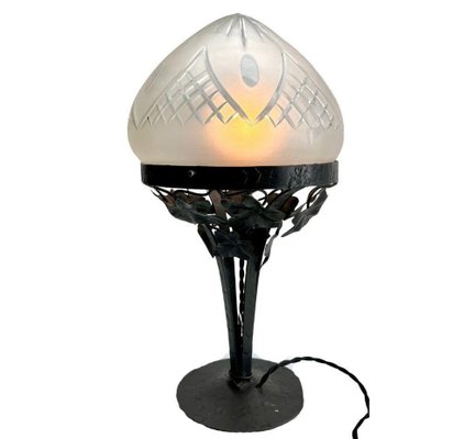 Art Nouveau Table Lamp in Wrought Iron with Glass Shade in the style of Val Saint Lambert, 1930s-MJY-1769407