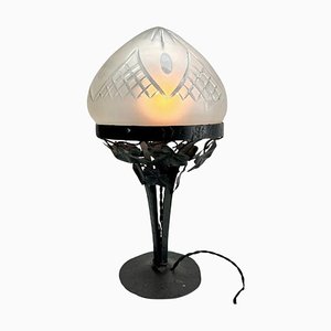 Art Nouveau Table Lamp in Wrought Iron with Glass Shade in the style of Val Saint Lambert, 1930s-MJY-1769407