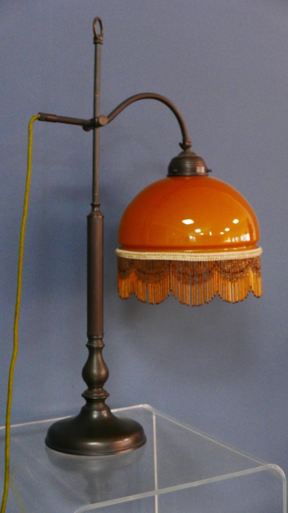 Art Nouveau Table Lamp with Bronze Base and Round Glas Shade with Glas Beads, Germany, 1970s