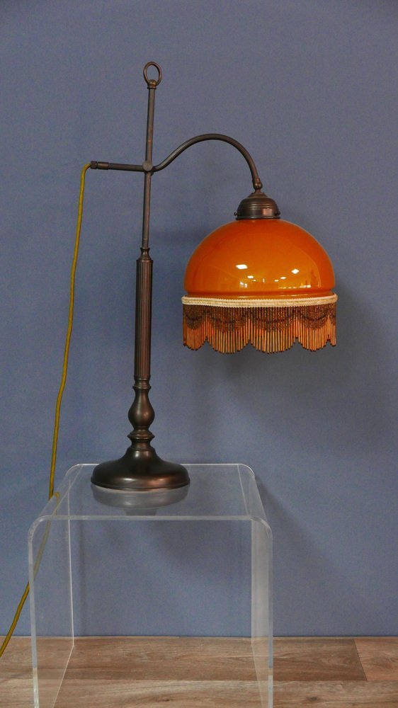 Art Nouveau Table Lamp with Bronze Base and Round Glas Shade with Glas Beads, Germany, 1970s