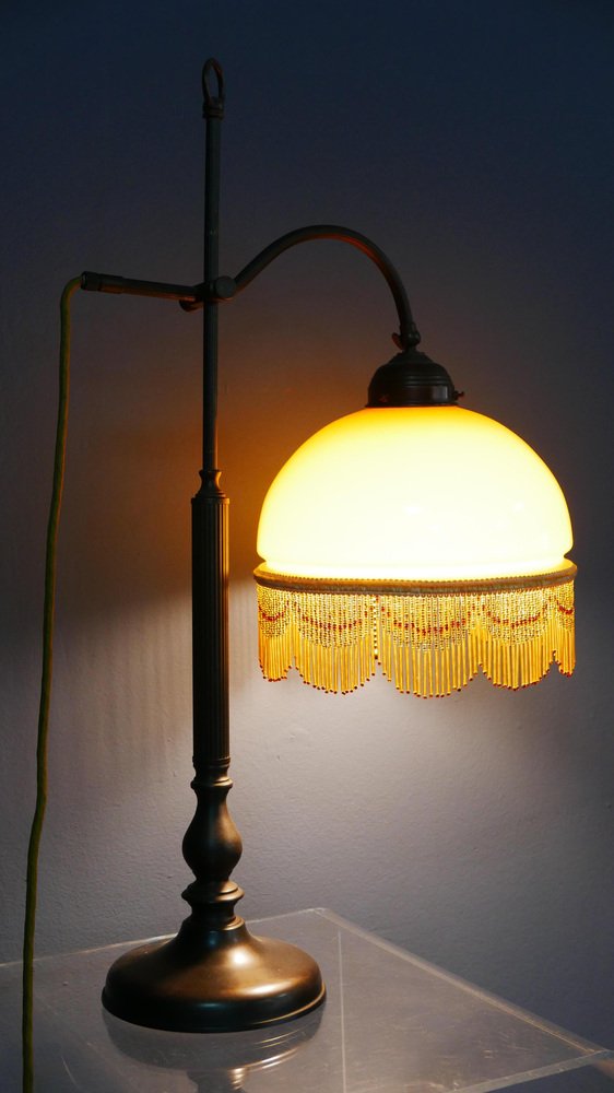 Art Nouveau Table Lamp with Bronze Base and Round Glas Shade with Glas Beads, Germany, 1970s