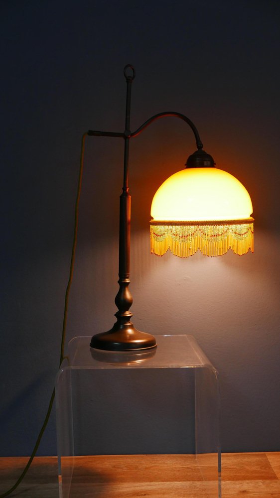 Art Nouveau Table Lamp with Bronze Base and Round Glas Shade with Glas Beads, Germany, 1970s