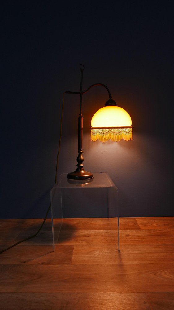 Art Nouveau Table Lamp with Bronze Base and Round Glas Shade with Glas Beads, Germany, 1970s