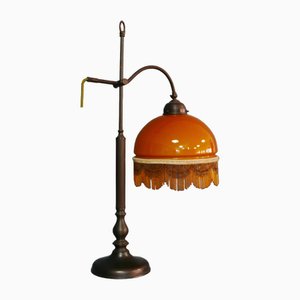 Art Nouveau Table Lamp with Bronze Base and Round Glas Shade with Glas Beads, Germany, 1970s-KK-1814645