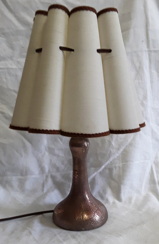 Art Nouveau Table Lamp with Formerly Silver Plated Copper Base & Segmented Beige Fabric Shade with Brown Ribbons