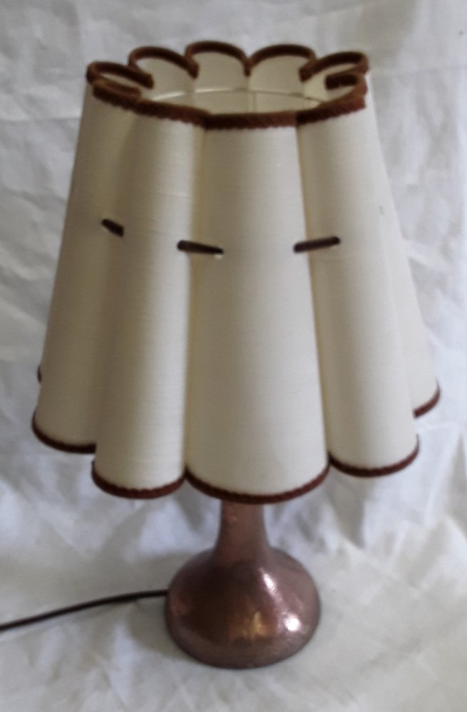 Art Nouveau Table Lamp with Formerly Silver Plated Copper Base & Segmented Beige Fabric Shade with Brown Ribbons