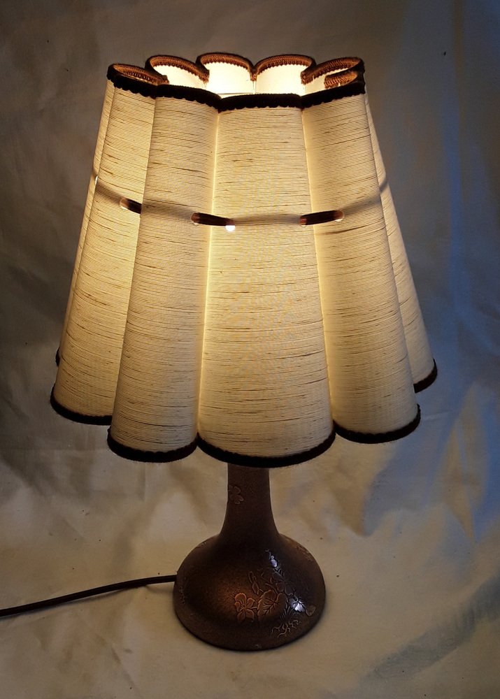 Art Nouveau Table Lamp with Formerly Silver Plated Copper Base & Segmented Beige Fabric Shade with Brown Ribbons