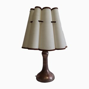 Art Nouveau Table Lamp with Formerly Silver Plated Copper Base & Segmented Beige Fabric Shade with Brown Ribbons-HOI-1312101