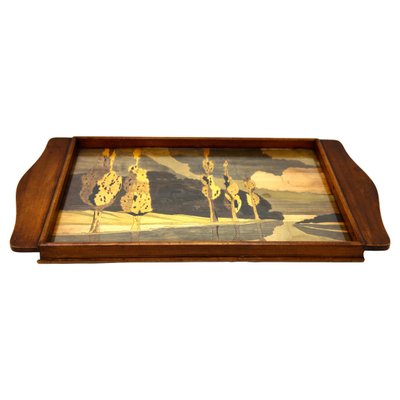 Art Nouveau Tray with Wood Panel with Glass and Landscape Decoration-MJY-1150444