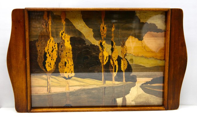 Art Nouveau Tray with Wood Panel with Glass and Landscape Decoration-MJY-1150444