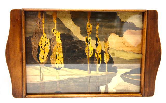 Art Nouveau Tray with Wood Panel with Glass and Landscape Decoration-MJY-1150444