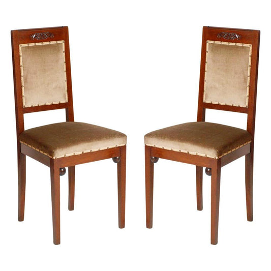 Art Nouveau Walnut and Taupe Velvet Dining Chairs from Wiener Werkstatte, Set of 2