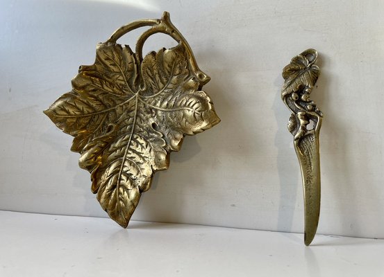 Art Nouveau Wine Leaf Dish and Letter Opener in Brass, 1940s, Set of 2-LCR-1805425