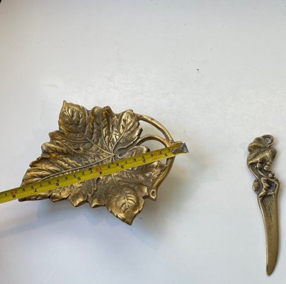 Art Nouveau Wine Leaf Dish and Letter Opener in Brass, 1940s, Set of 2-LCR-1805425