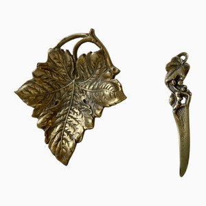 Art Nouveau Wine Leaf Dish and Letter Opener in Brass, 1940s, Set of 2-LCR-1805425