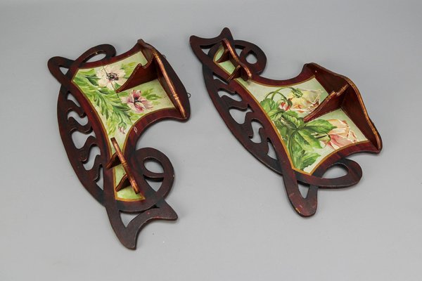 Art Nouveau Wooden Hand-Painted Floral Shelves, Germany, 1910, Set of 2-KEG-1377966