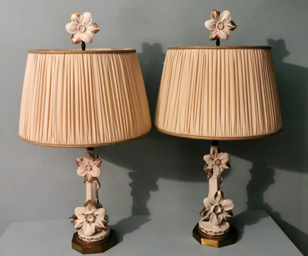 Art Noveau French Porcelain Lamps, 1950, Set of 2