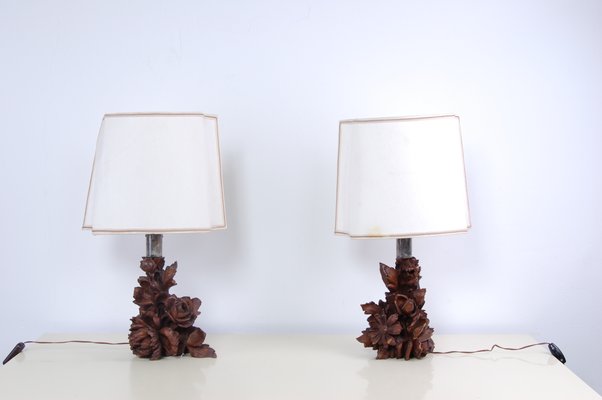 Artisanal Table Lamps with Carved Wooden Elements, 1800s, Set of 2-XSG-968828