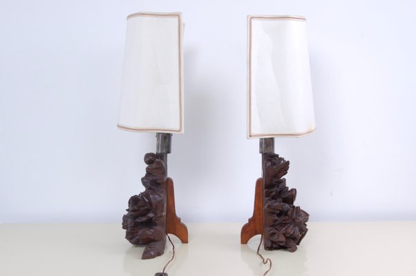 Artisanal Table Lamps with Carved Wooden Elements, 1800s, Set of 2-XSG-968828