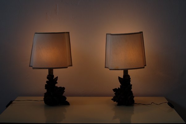 Artisanal Table Lamps with Carved Wooden Elements, 1800s, Set of 2-XSG-968828