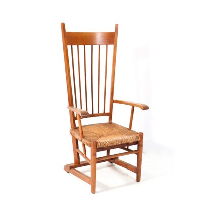 Arts & Crafts Art Nouveau High Back Armchair in Oak with Rush Seat, 1900s-MY-1768887