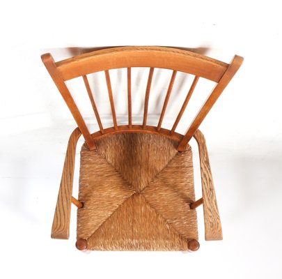 Arts & Crafts Art Nouveau High Back Armchair in Oak with Rush Seat, 1900s-MY-1768887