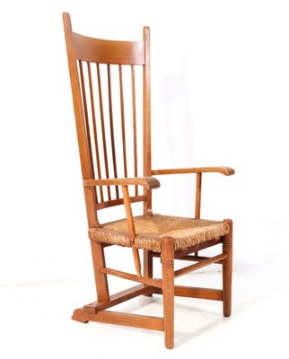 Arts & Crafts Art Nouveau High Back Armchair in Oak with Rush Seat, 1900s-MY-1768887