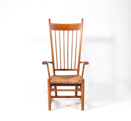 Arts & Crafts Art Nouveau High Back Armchair in Oak with Rush Seat, 1900s-MY-1768887