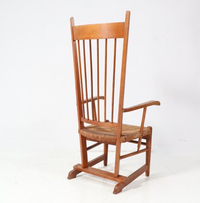 Arts & Crafts Art Nouveau High Back Armchair in Oak with Rush Seat, 1900s-MY-1768887