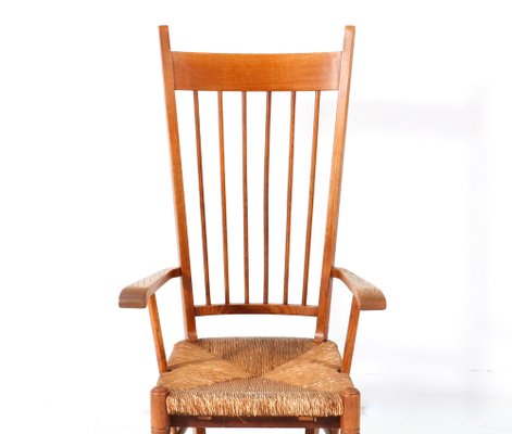 Arts & Crafts Art Nouveau High Back Armchair in Oak with Rush Seat, 1900s-MY-1768887