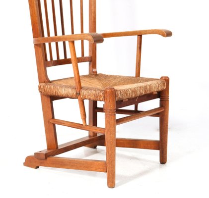 Arts & Crafts Art Nouveau High Back Armchair in Oak with Rush Seat, 1900s-MY-1768887