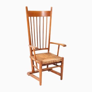 Arts & Crafts Art Nouveau High Back Armchair in Oak with Rush Seat, 1900s-MY-1768887