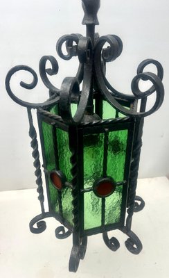 Arts & Crafts Forget and Colored Glass Pendant Lobby Lamp, 1930s-MJY-1393031