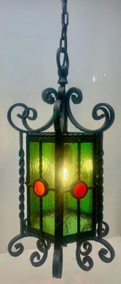 Arts & Crafts Forget and Colored Glass Pendant Lobby Lamp, 1930s-MJY-1393031