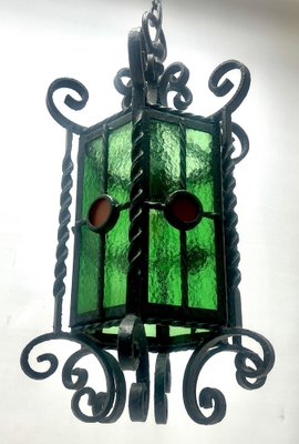 Arts & Crafts Forget and Colored Glass Pendant Lobby Lamp, 1930s-MJY-1393031