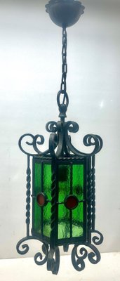 Arts & Crafts Forget and Colored Glass Pendant Lobby Lamp, 1930s-MJY-1393031