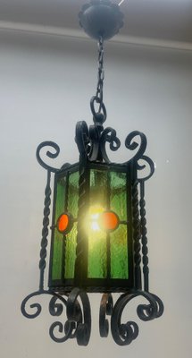 Arts & Crafts Forget and Colored Glass Pendant Lobby Lamp, 1930s-MJY-1393031