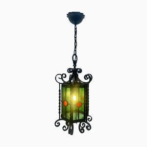 Arts & Crafts Forget and Colored Glass Pendant Lobby Lamp, 1930s-MJY-1393031