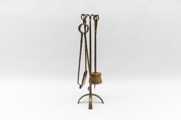 Arts & Crafts Hand-Forged Iron Fire Utensils on Matching Stand, 1960s, Set of 5-KQB-1774457