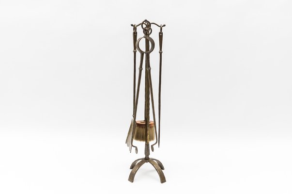 Arts & Crafts Hand-Forged Iron Fire Utensils on Matching Stand, 1960s, Set of 5-KQB-1774457