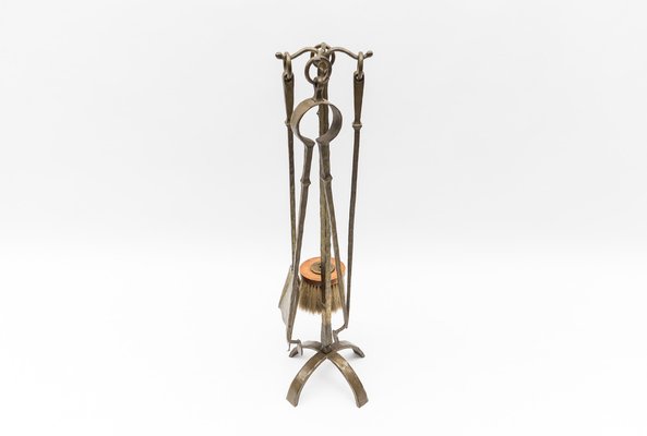 Arts & Crafts Hand-Forged Iron Fire Utensils on Matching Stand, 1960s, Set of 5-KQB-1774457