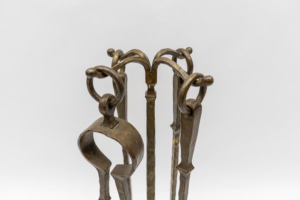 Arts & Crafts Hand-Forged Iron Fire Utensils on Matching Stand, 1960s, Set of 5-KQB-1774457