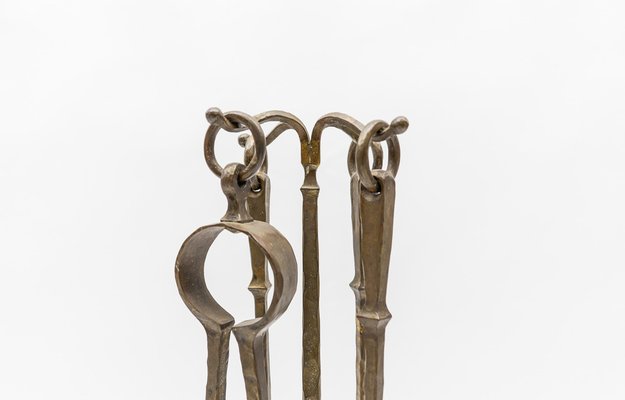 Arts & Crafts Hand-Forged Iron Fire Utensils on Matching Stand, 1960s, Set of 5-KQB-1774457