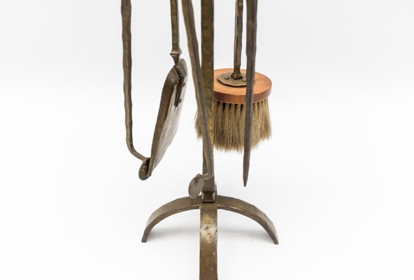 Arts & Crafts Hand-Forged Iron Fire Utensils on Matching Stand, 1960s, Set of 5-KQB-1774457