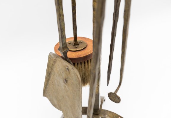 Arts & Crafts Hand-Forged Iron Fire Utensils on Matching Stand, 1960s, Set of 5-KQB-1774457