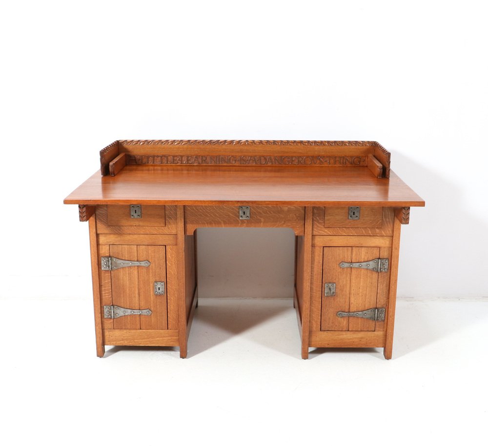 Arts & Crafts Pedestal Desk in Oak by Alexander J. Kropholler, 1890s