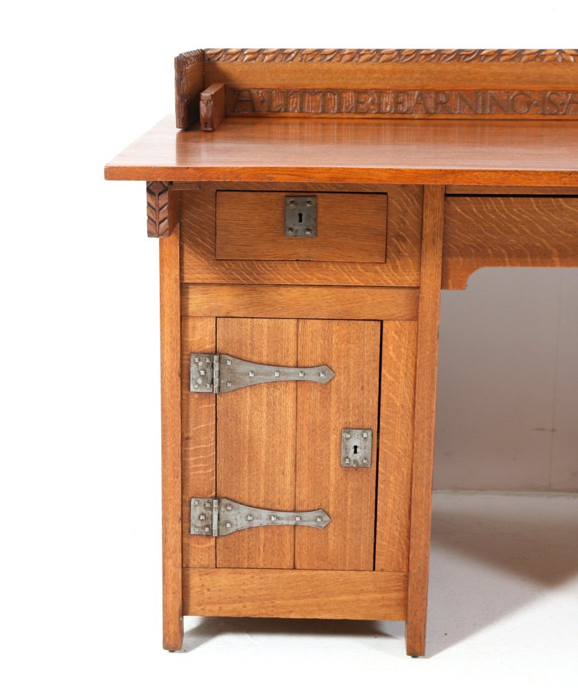 Arts & Crafts Pedestal Desk in Oak by Alexander J. Kropholler, 1890s