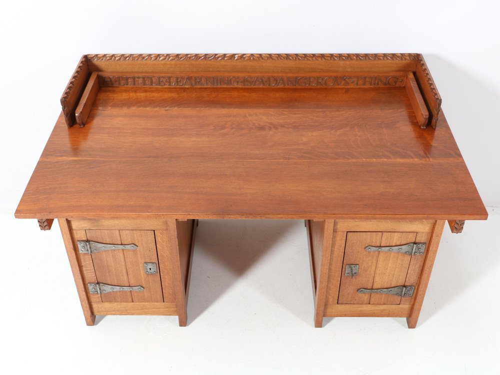 Arts & Crafts Pedestal Desk in Oak by Alexander J. Kropholler, 1890s